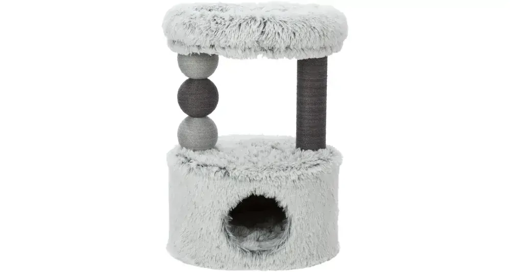 TRIXIE Škrábadlo HARVEY, kukaň, 2 sloupky, odpočívadlo 73cm, dlouhovlasý plyš, šedá