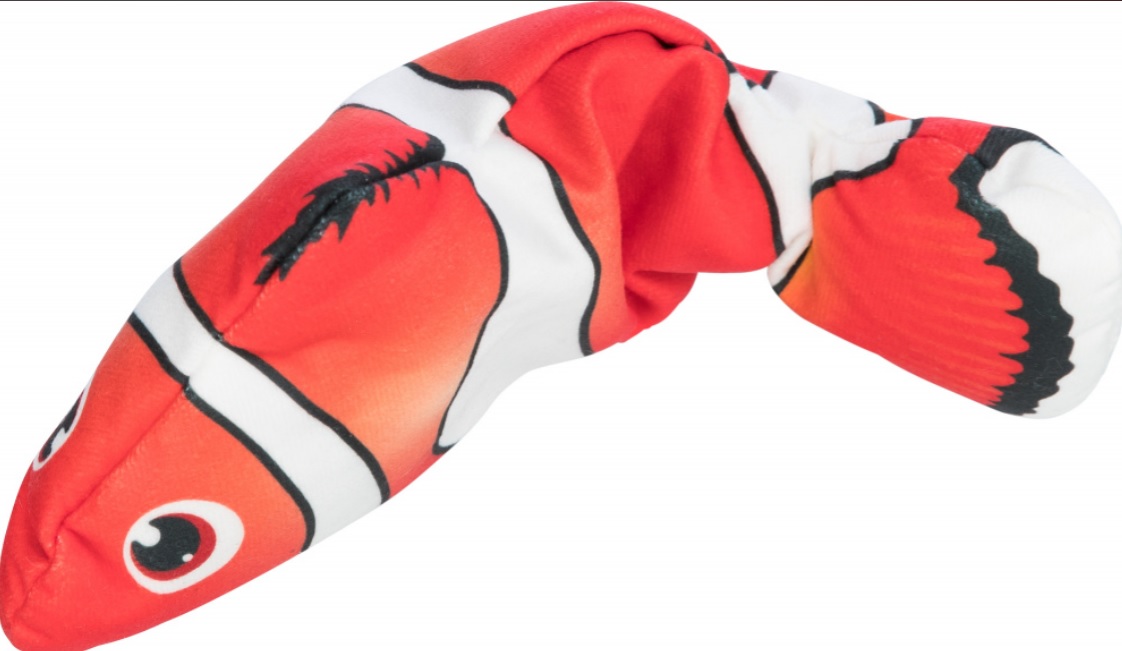 Ryba "NEMO" jako živá, mrskající se, s catnipem, látka, 26 cm (RP 0,90 Kč)