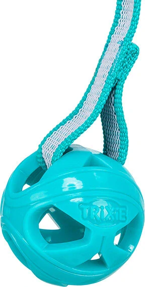 TRIXIE Honeycomb Ball, prodyšný míček s páskem, ø 6 cm/ 23 cm, TPR, tyrkysová
