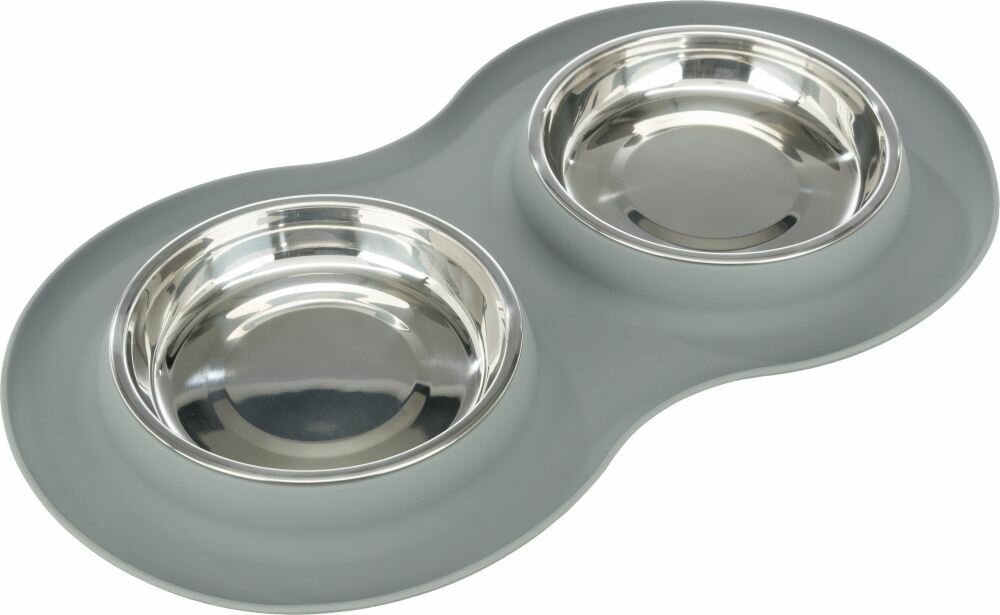 TRIXIE Set nízkých nerez misek v silikonovém prostírání, 2 × 0.3 l/ø 16 cm/47 × 3 × 26 cm, šedá