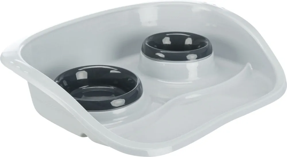 TRIXIE Plastový bar se 2 miskami (0,25 l/ 9cm a 0,3 l/11cm), 46x11x30 cm, šedá/různé