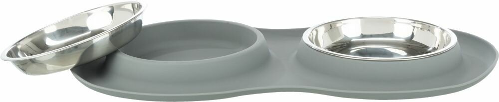 TRIXIE Set nízkých nerez misek v silikonovém prostírání, 2 × 0.3 l/ø 16 cm/47 × 3 × 26 cm, šedá